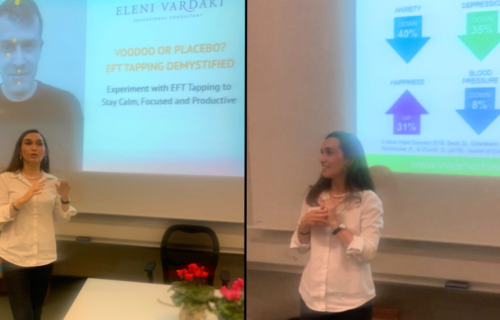 Eleni Vardaki teaching college students EFT Tapping - Deree American College of Greece October 2024