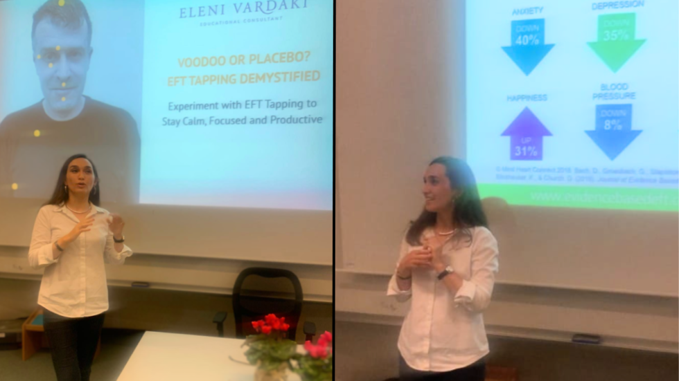 Eleni Vardaki teaching college students EFT Tapping - Deree American College of Greece October 2024